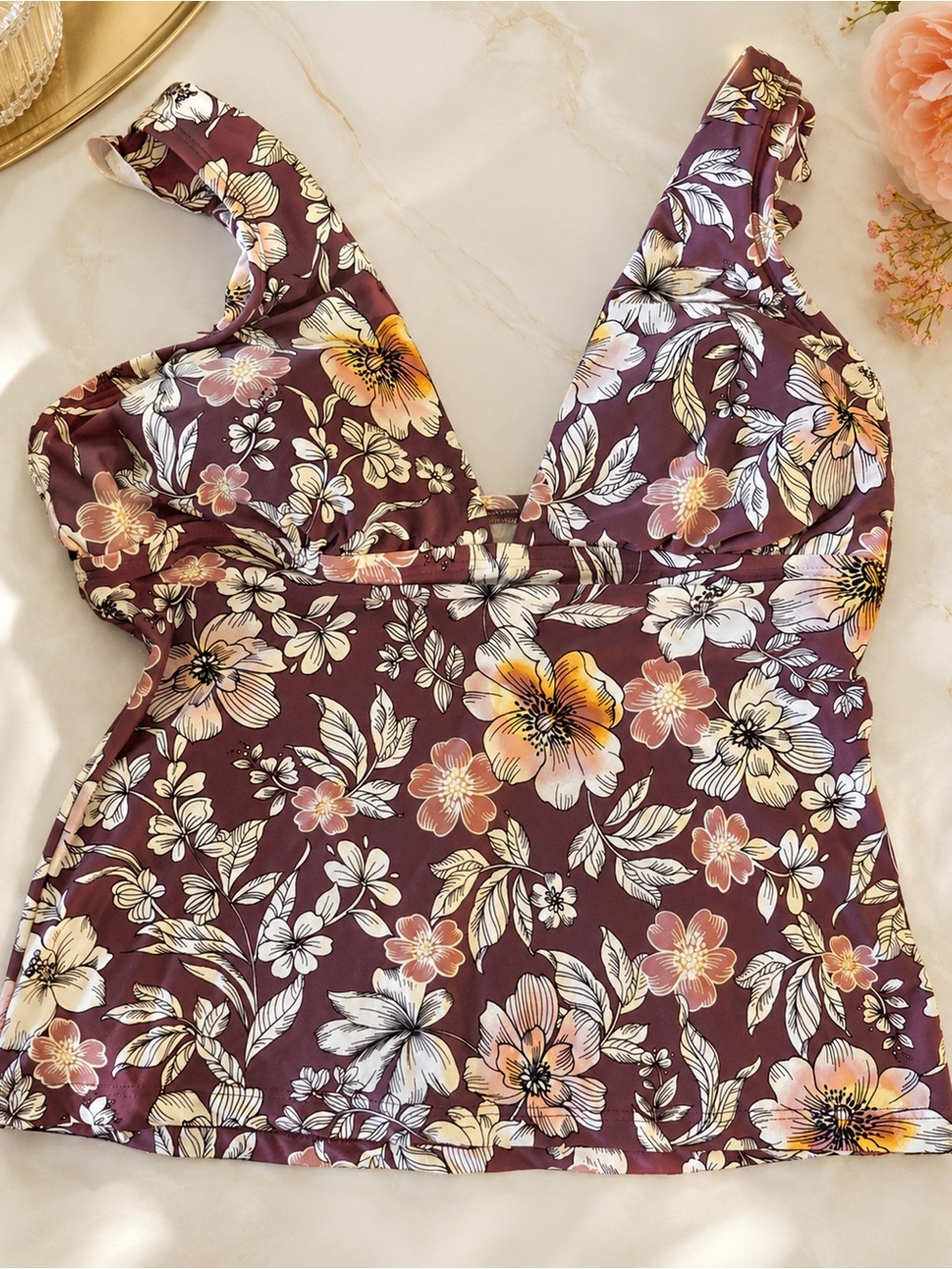 Freshwater by Rhapsody Brown Floral Tankini Swim Top Size M NWT